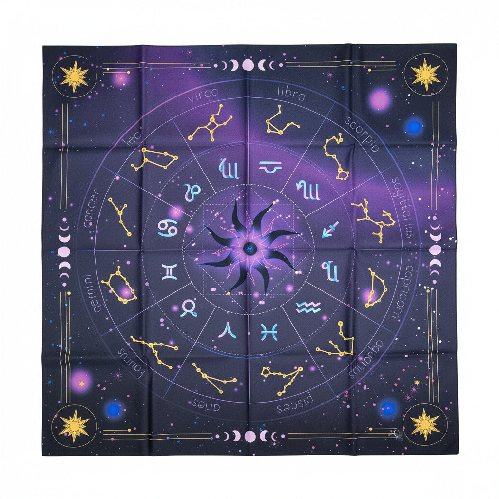 Astrology-themed fabric with zodiac symbols on a dark background