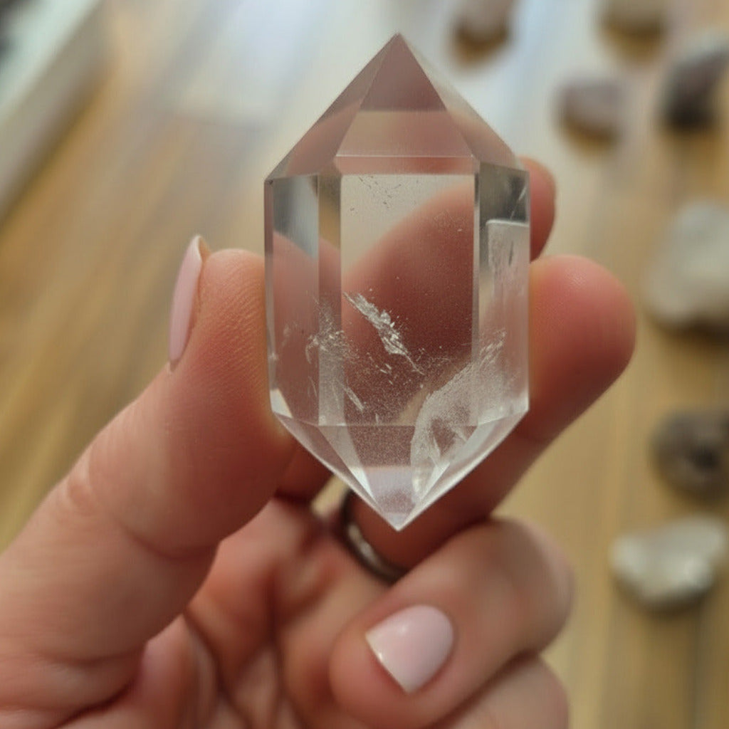 Clear crystal held in a hand with a blurred background of stones