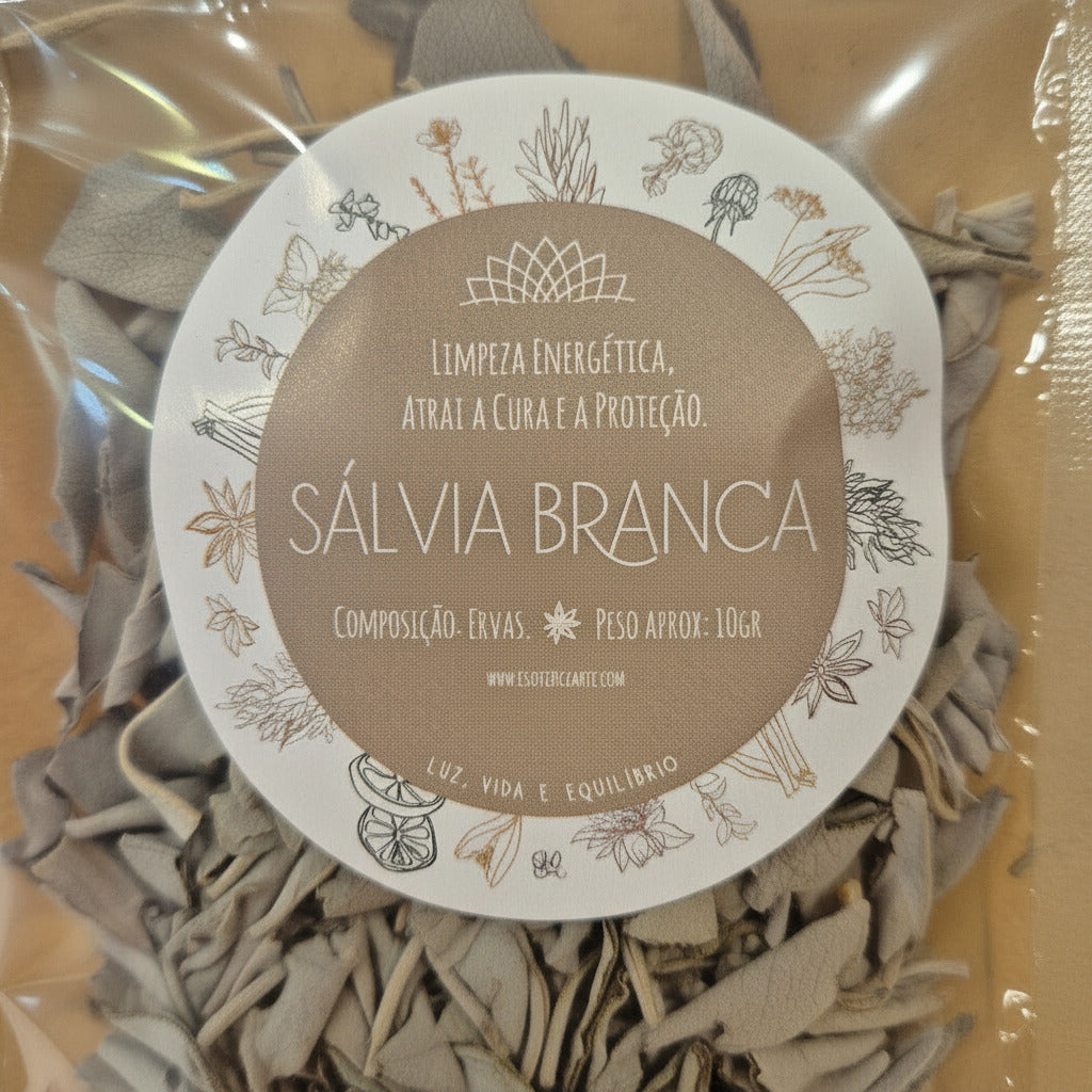Packaged Sálvia Branca with a label on a beige background