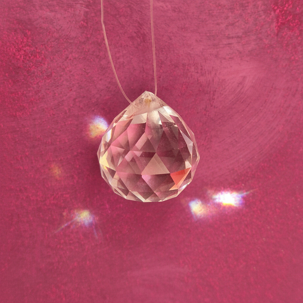 A faceted round-shaped clear crystal  threaded on a thin string, resting on a textured magenta-pink background.