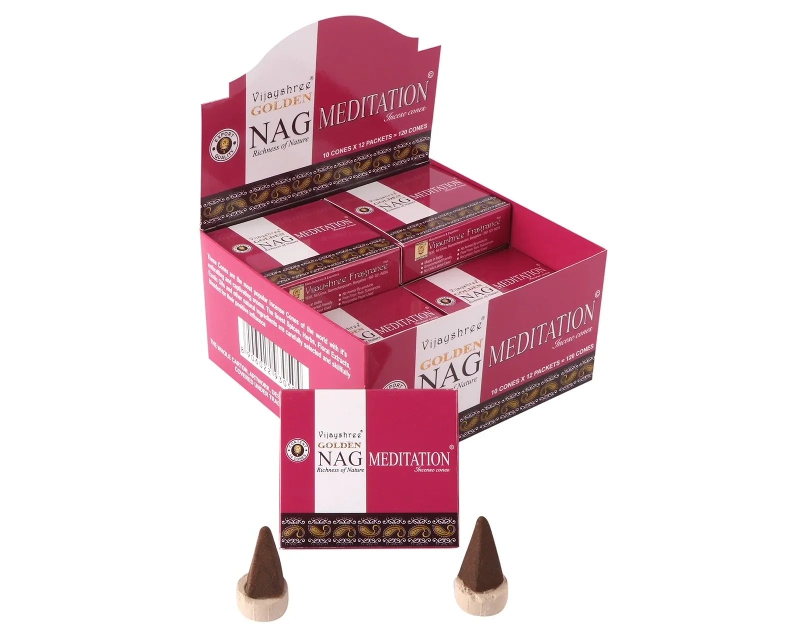 Box of Nag Champa Meditation incense cones with two cones in front on a white background