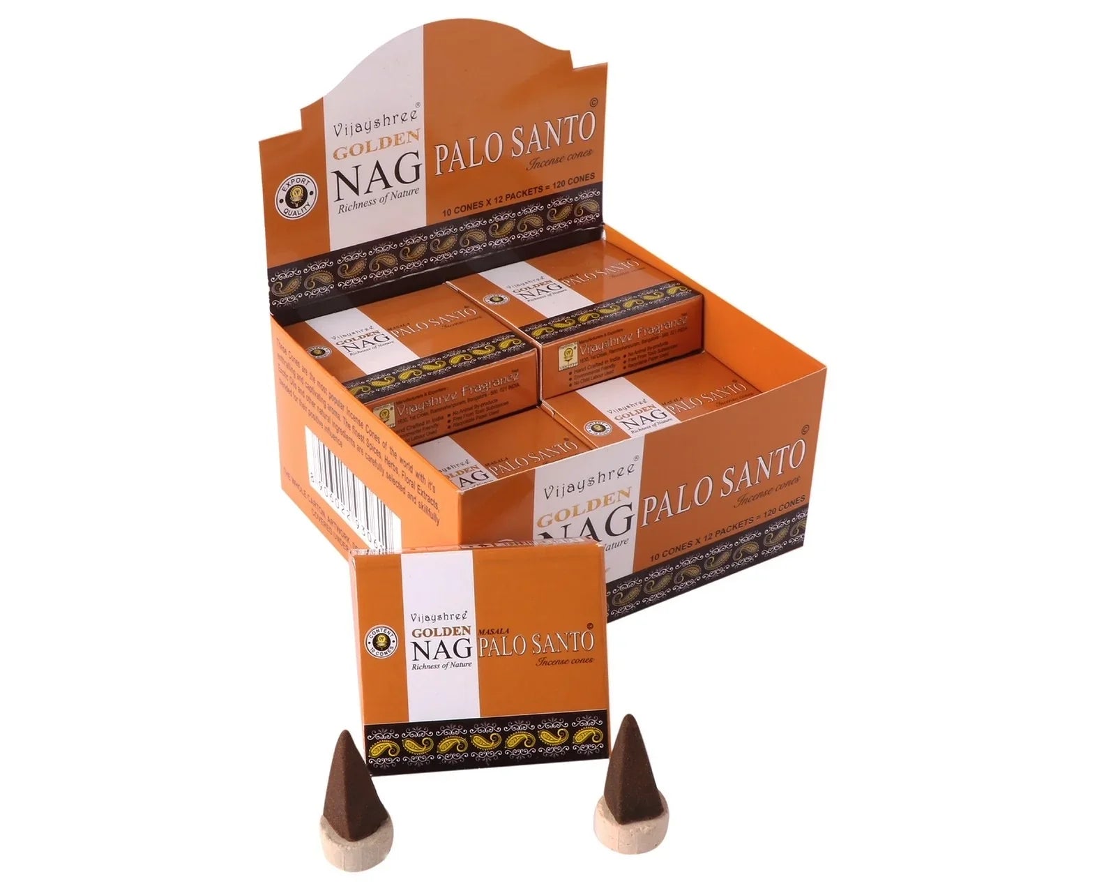 Display of Golden Nag Palo Santo incense cones with packaging on a white background