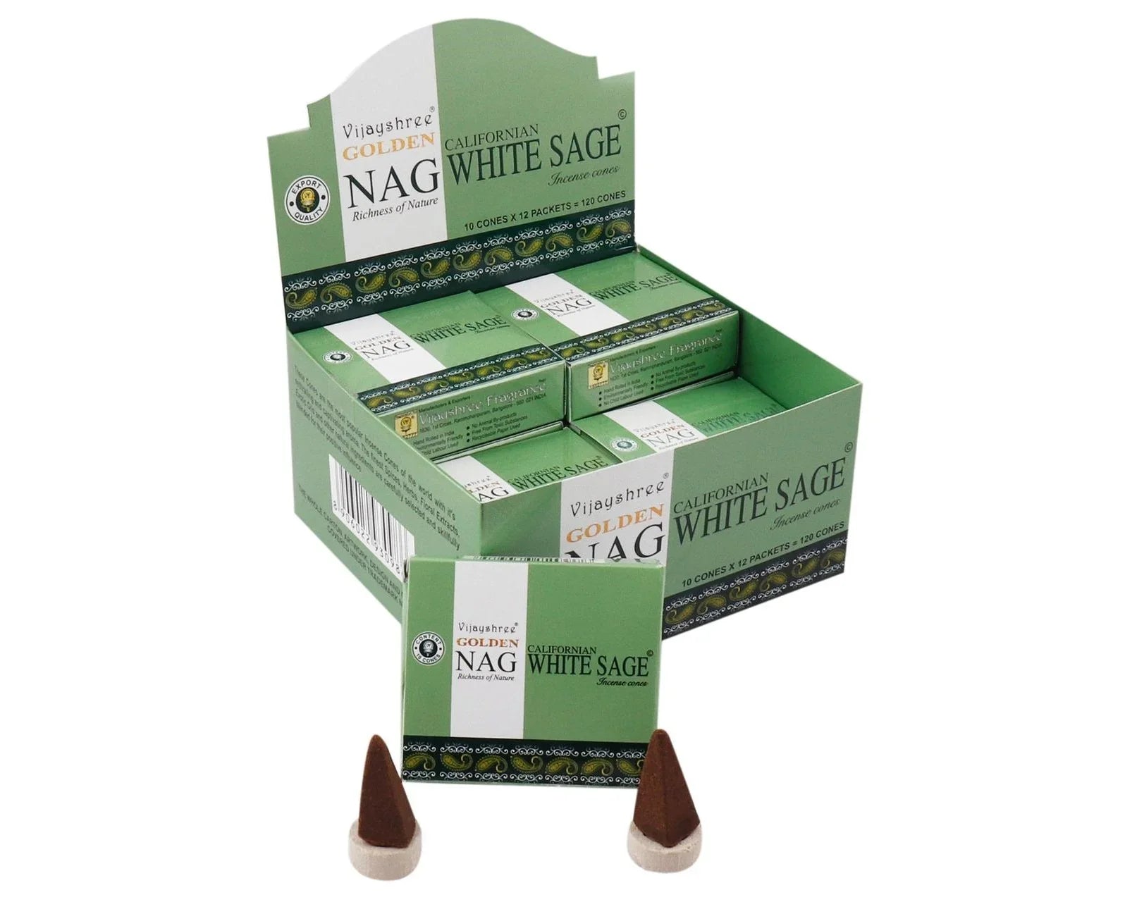 Display of Golden Nag White Sage incense cones with packaging on a white background