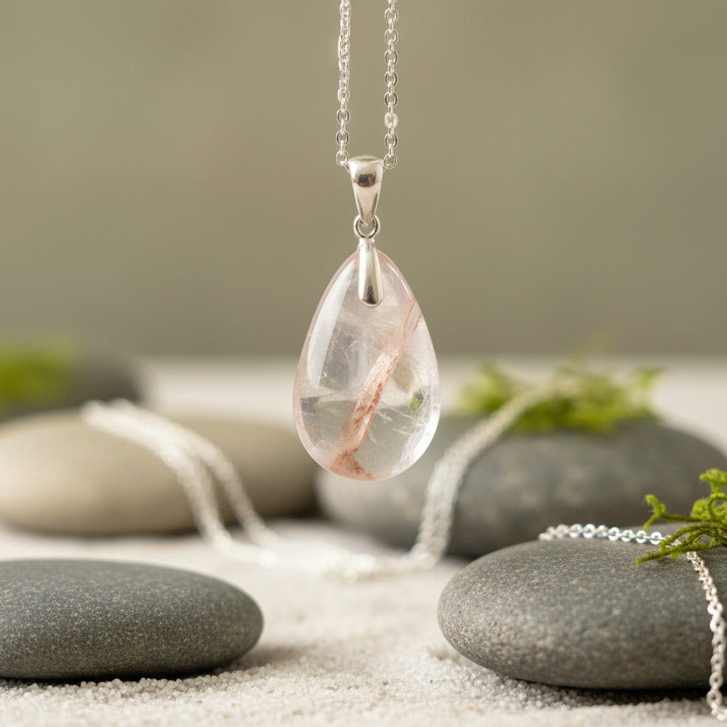 Teardrop-shaped crystal pendant on a chain with stones and sand in the background