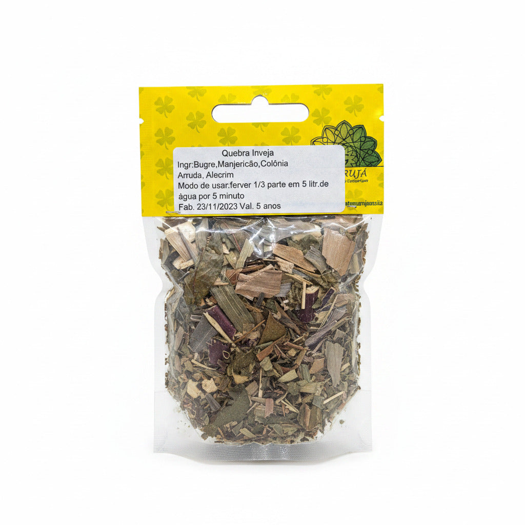 Packaged herbal mixture with a yellow label on a white background