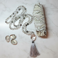 108 bead mala with quartz beads with sage and tumbled crystals next