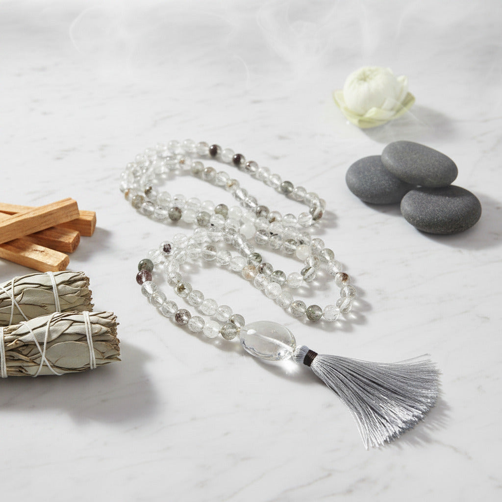 Meditation tools including a crystal necklace, sage, and stones on a light surface