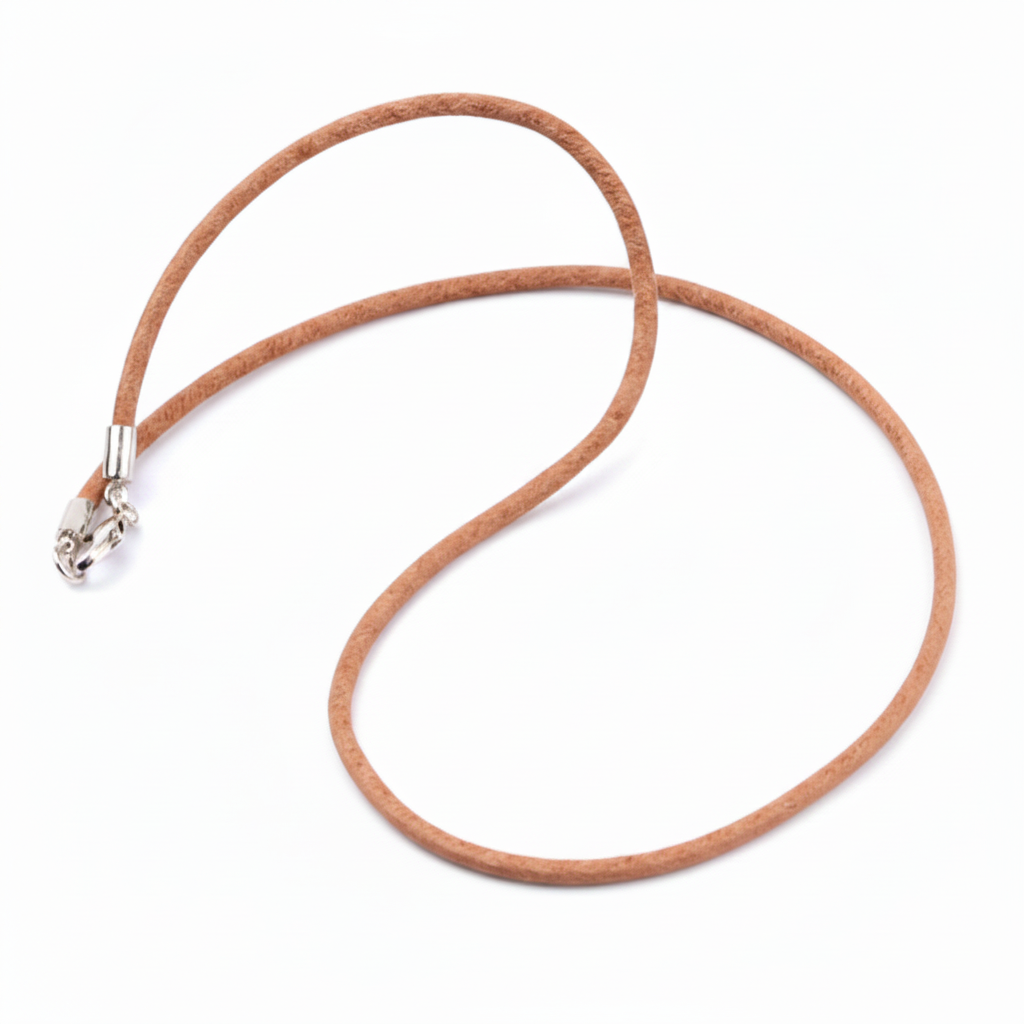 Brown cord necklace with silver clasp on a white  background