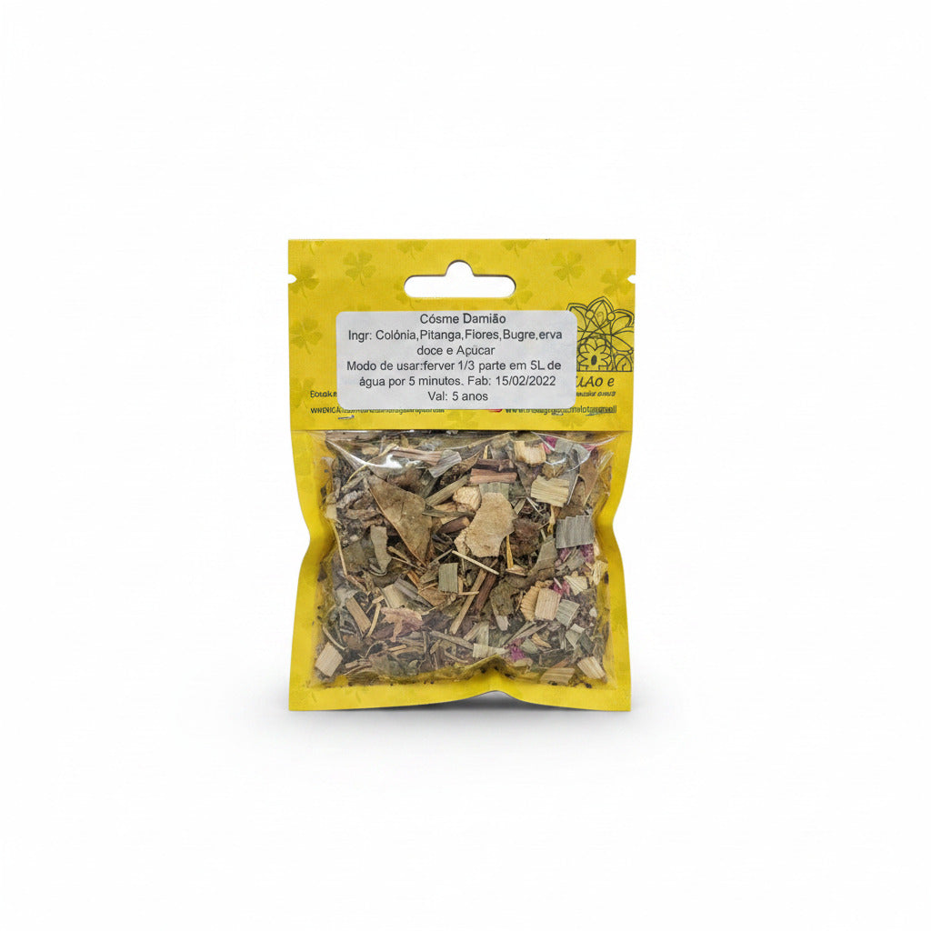 Yellow package with dried herbs on a white background