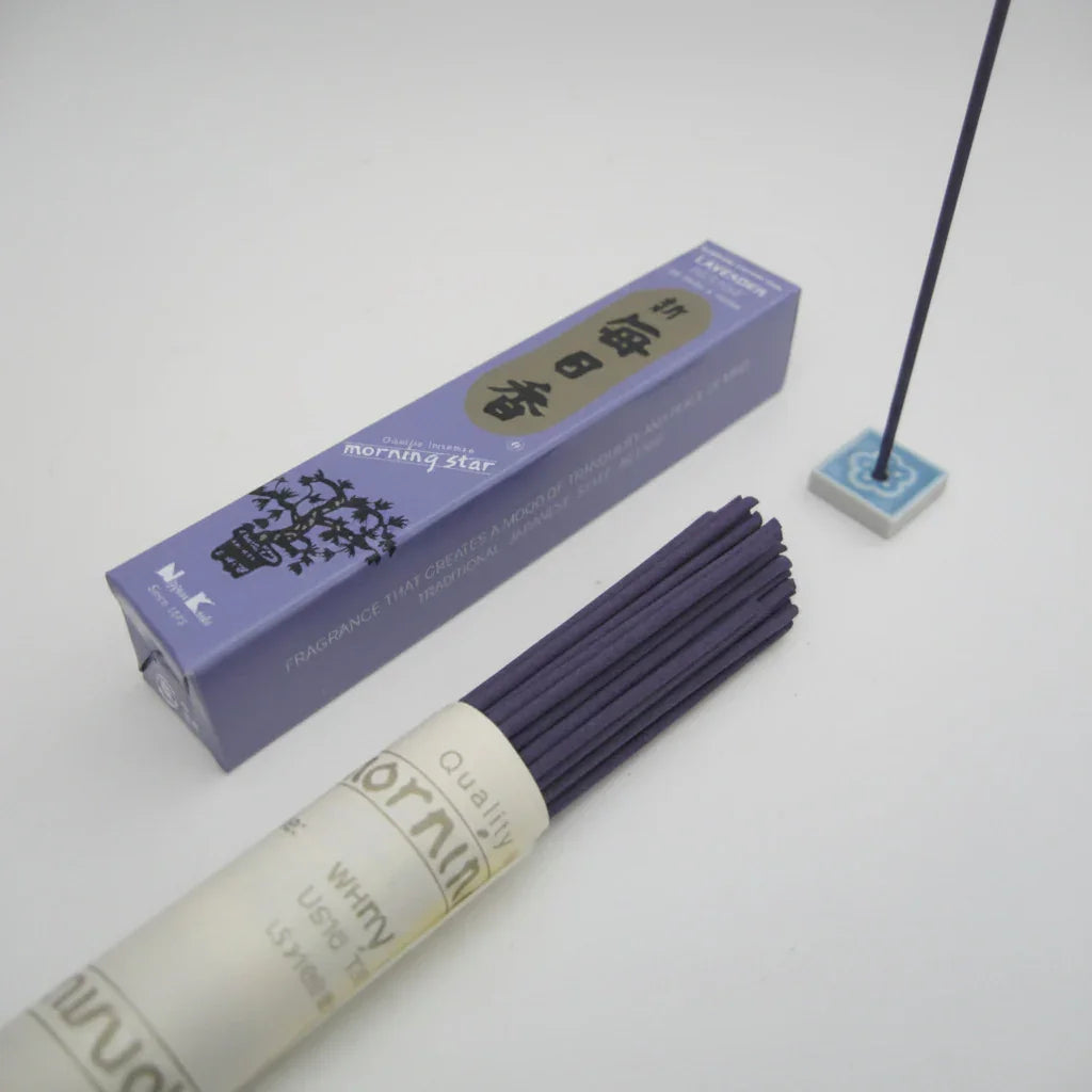 Purple incense sticks with a box labeled 'Morning Star' on a white background