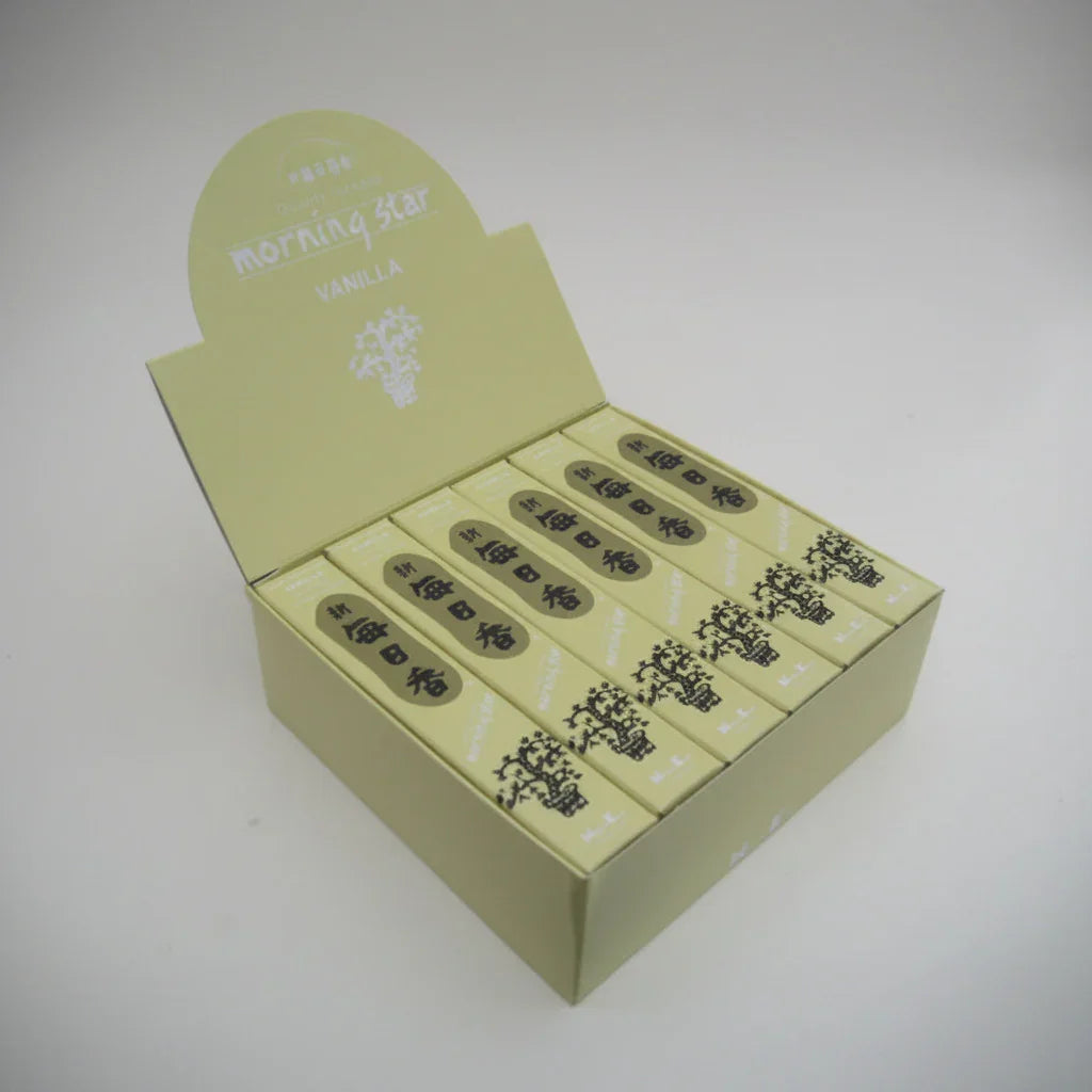 Box of 'morning star' vanilla products on a white background.