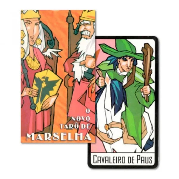 Two tarot cards from the 'O Novo Tarço de Marseilhas' set, featuring characters in colorful costumes.