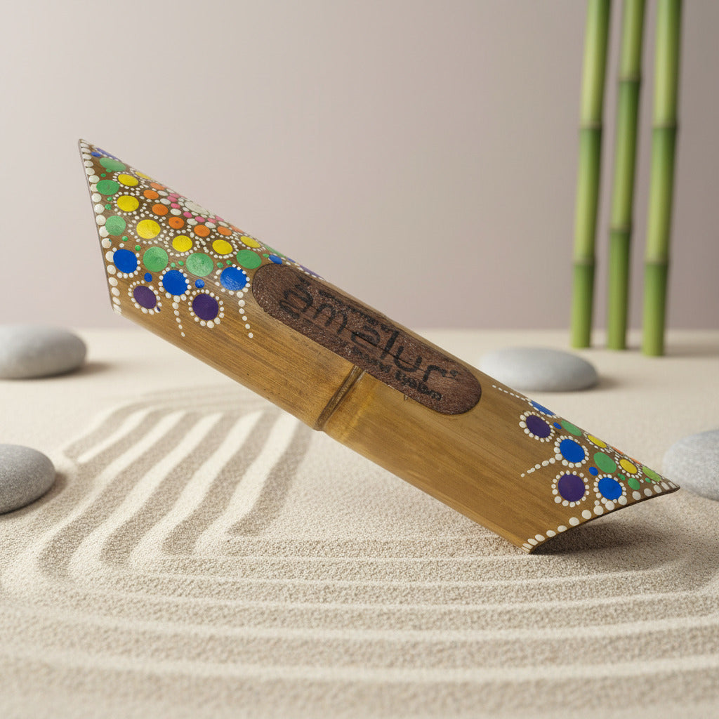 Decorative painted bamboo speaker with colorful dot patterns on a sand and stone background