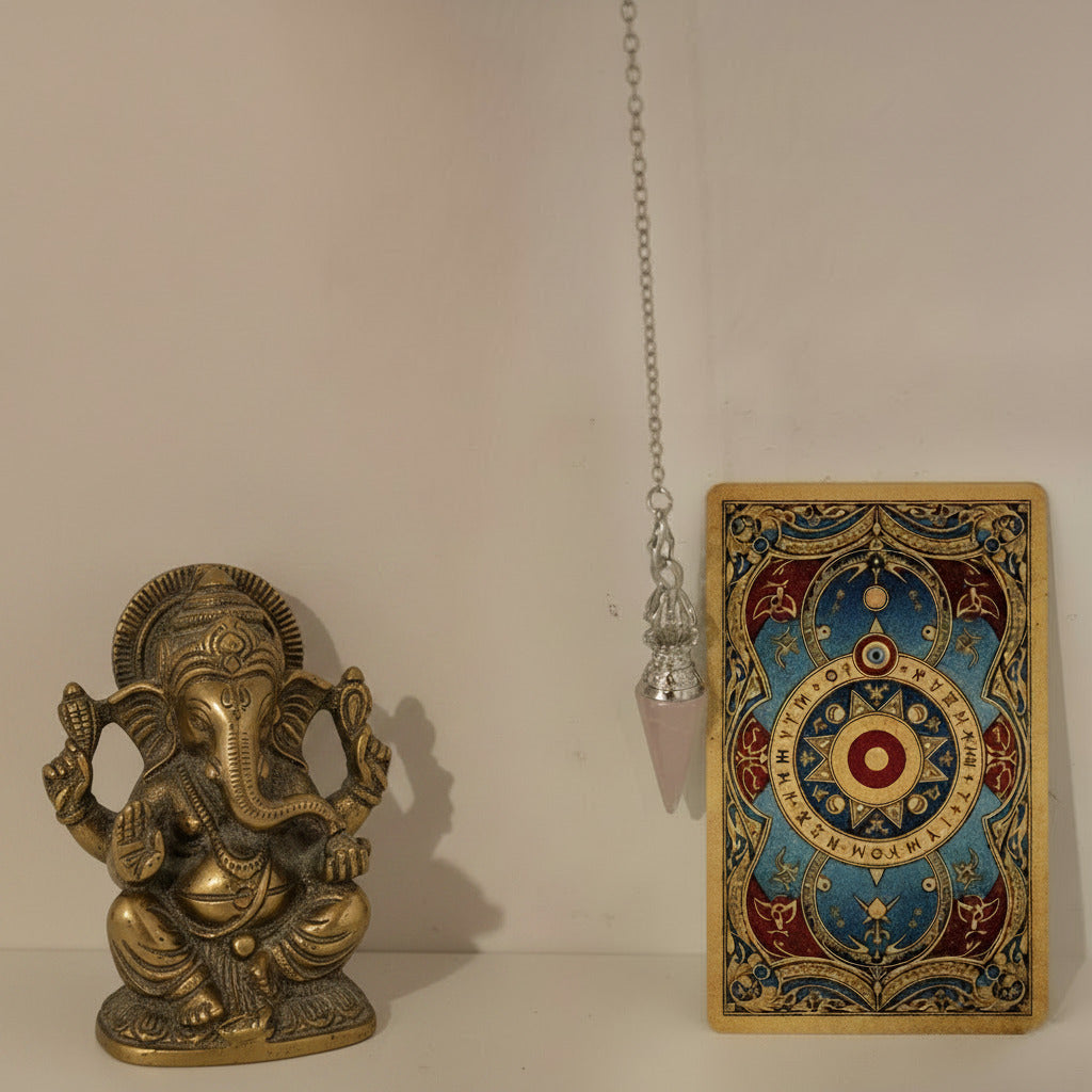 Close-up of a rose quartz pendulum with a clear pendant on a white background with ganesha and tarot
