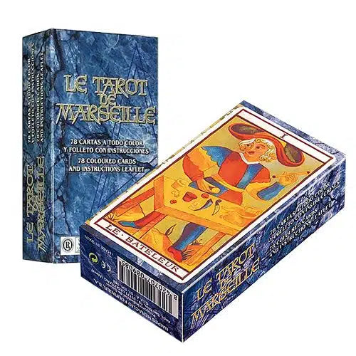 Le Tarot de Marseille card game packaging with colorful illustration on a white background