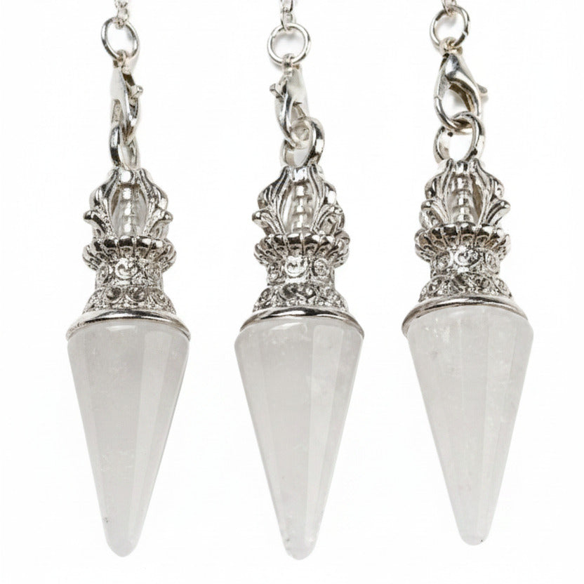Three white cone-shaped pendants with silver tops on a white background