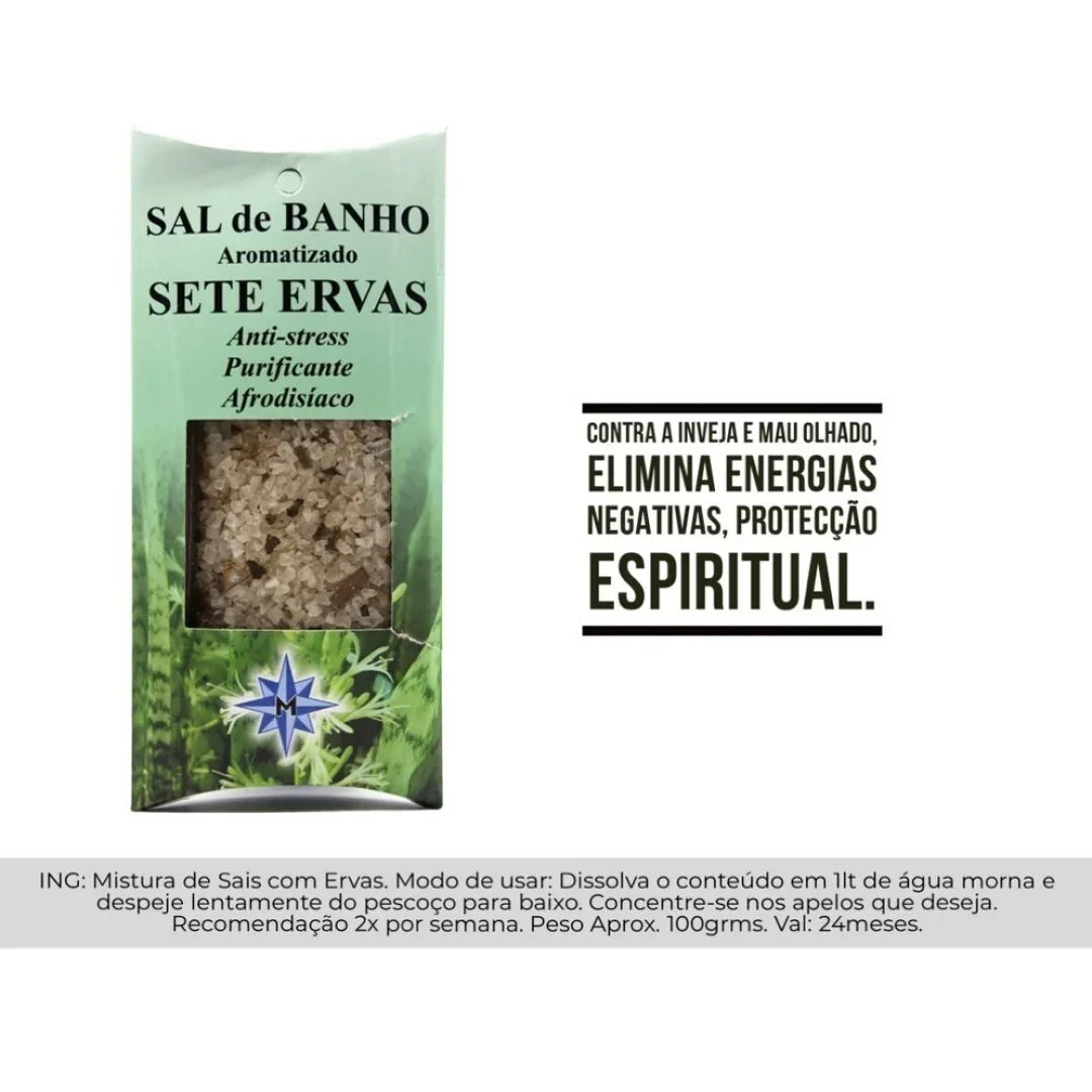 Packaging of 'Sete Ervas' bath salt with text on a white background