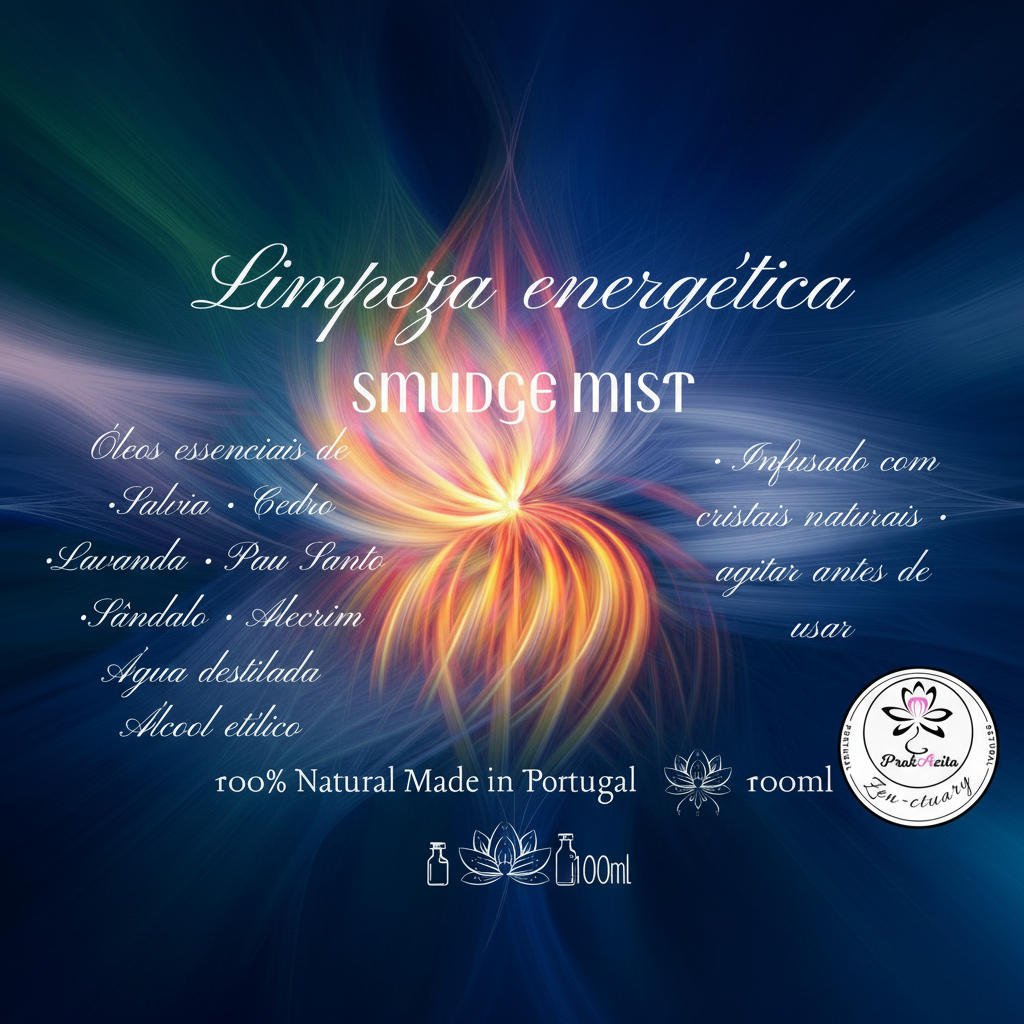 Label for 'Limpeza energética smudge mist' with colorful abstract design with all ingredients