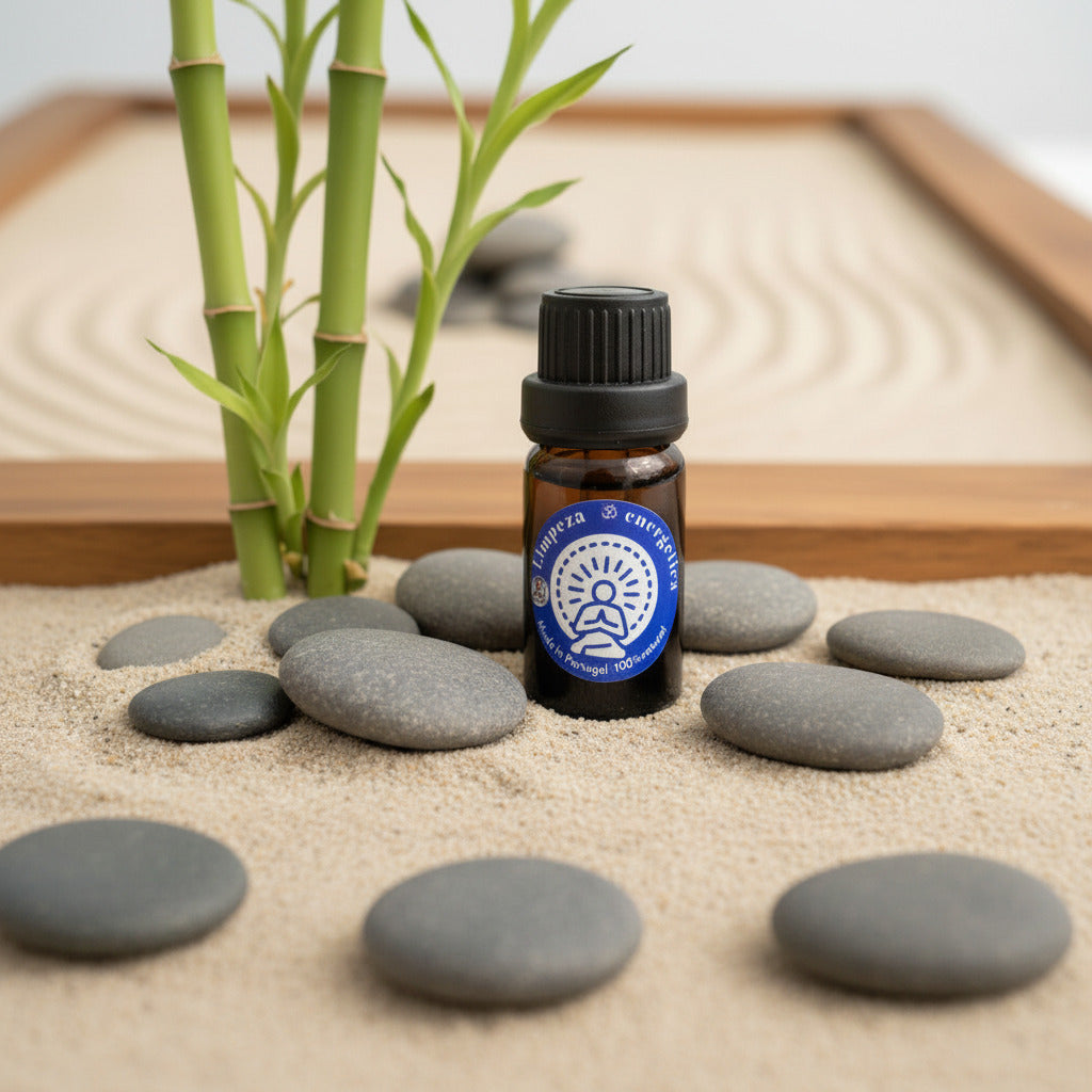 Bottle of diffuser blend essential oil with stones and bamboo in the background