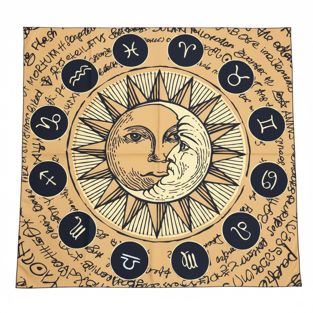 Decorative panel with sun and moon design and astrological symbols on a beige background.