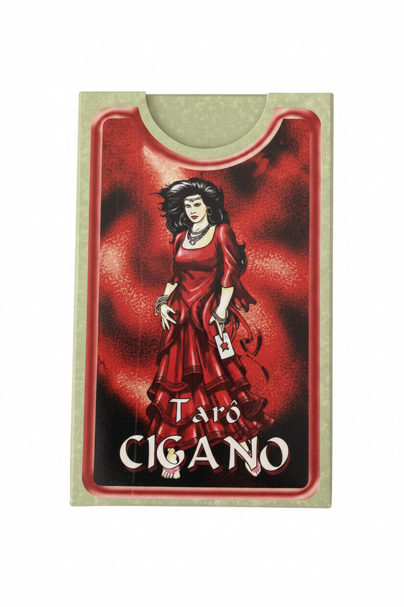 Card deck packaging with a woman in a red dress and 'Taro Cigano' text on a red and black background.