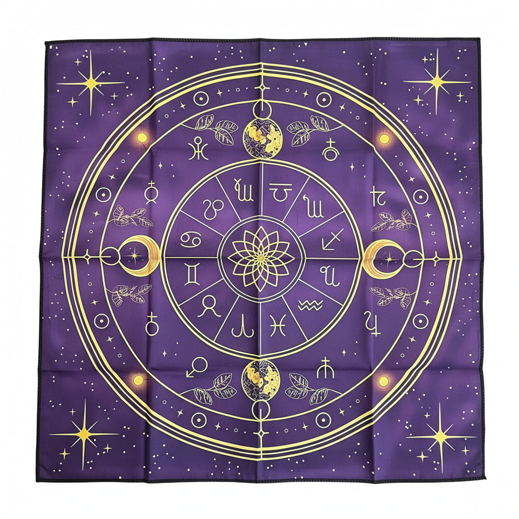 A square purple textile laid flat on a white surface, featuring a detailed gold astrological and zodiac wheel design with moon phases, stars, and symbols.