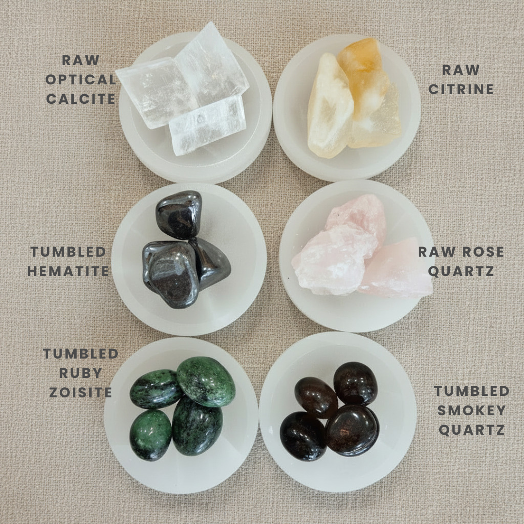 Collection of various crystals on white circular plates with labels on a beige background