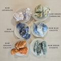 Collection of raw crystals on a textured beige background with labels.