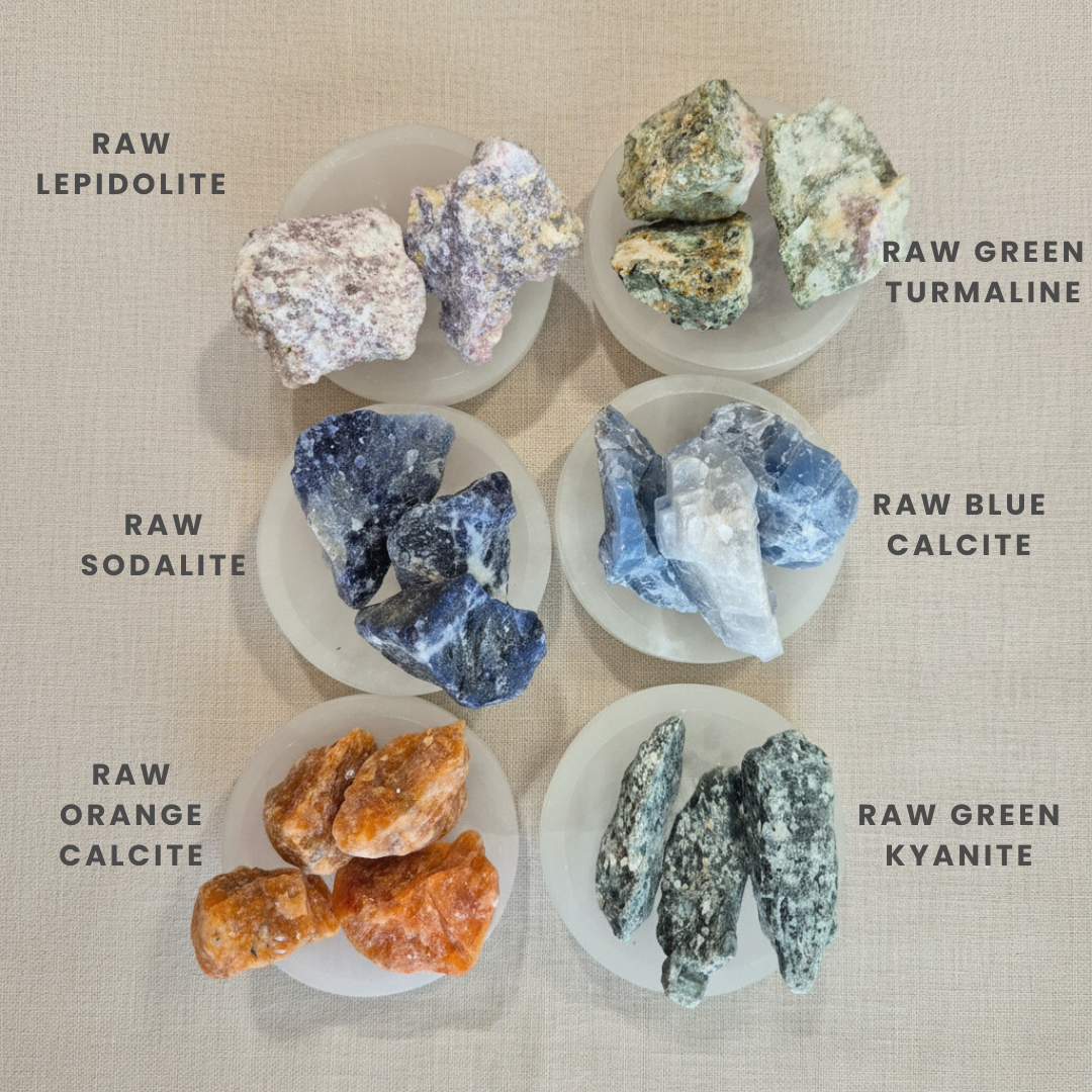 Collection of raw crystals on a textured beige background with labels.